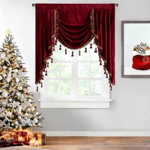 StangH Christmas Red Velvet Curtain Valances - Luxury Blackout Waterfall Valance Decor for Theater Rod Pocket Room Darkening Window Drapes for Bedroom/Bathroom, W39 inches, 1 Panel