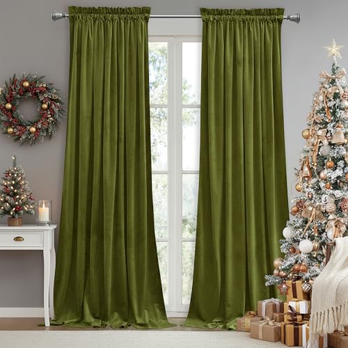 StangH Olive Green Christmas Curtains Elegant Velvet Room Darkening Curtains for Office, Heavy Soft Drapes for Dining Room, Earthy Tone Home Decor, W52 x L94, 2 Panels