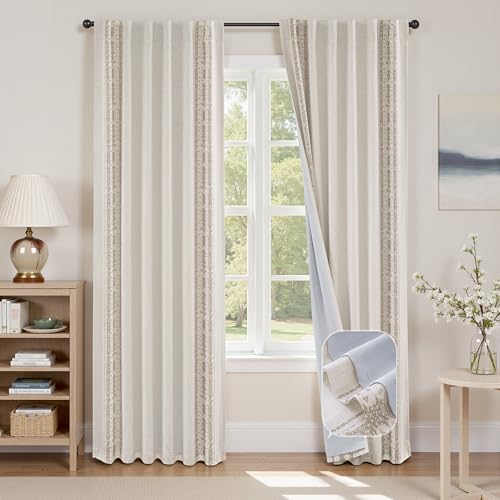 DriftAway Boho Linen Blackout Curtains Double Layer Thermal Insulated Farmhouse Vintage Retro Printed Trim Pattern Lined Drapes for Living Room Bedroom 84 Inches Long Back Tab 2 Panels Beige