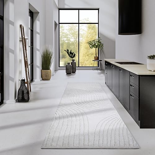 ELLE Decoration Deep-Pile Pigment Rug - Modern Living Room Rug Runner, Long Pile Shaggy, Modern Pattern, Fluffy Soft Boho for Living Room, Bedroom - Cream White, 80 x 240 cm