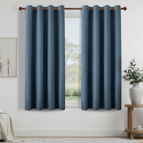 DONREN Total Blackout Linen Curtains 72 Inch Length for Bedroom Living Room, Farmhouse 100% Black Out Thermal Insulated Privacy Lightweight Grommet Curtain Panels, Denim Blue, W52 x L72, 2 Panels