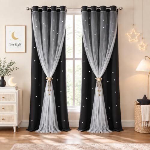Kinryb Kids Blackout Curtains for Bedroom/Living Room/Classroom, Sheer Overlay Extra Long 2 Panel Set, Double Layer Curtains with Star Cutout for Kids Room(W 52 x L 108 Inches,Black 2 Pcs)