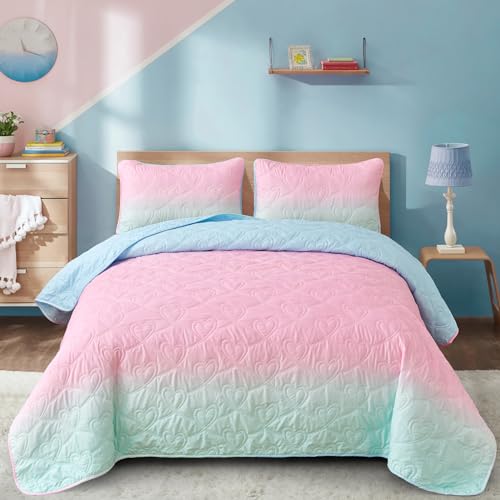 Xruibed Pink Quilt Set Twin - Kids Girls Bedding Set 2PCs Summer Reversible Lightweight Microfiber Bedspread Coverlet Sets for All Season 68''x86''