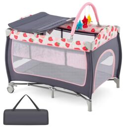 GYMAX Folding Travel Cot, 4 in 1 Baby Bed Playard (Grey+Strawberry Pink) - Diaper Changer, Mattress, Hanging Toys, Storage Pockets & Carry Bag, Infant Bassinet Nursery Center for Newborn
