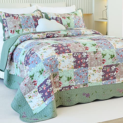"EVENHUG 100% Cotton Patchwork Quilt King Size Set Lightweight Floral King Quilts Bedding Set Bedspread Coverlet Reversible Bed Cover with Pillow Shams for All Seasons 3 Pieces (106""X96"")"