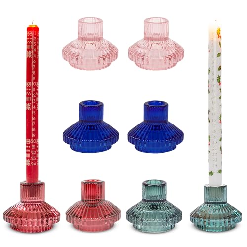 Talking Tables 8 x Coloured Glass Candlestick Holders 2 x pink, blue, red, green tealight holders, elegant and beautiful home décor, or summer outdoor table wedding decorations 12cm