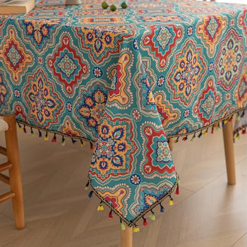 "Erbnaryx Handblock Print Tablecloth for Square Tables,Fringed Edges with Bohemia Pattern Tablecloths,Table Cover Cloth Decorative for Kitchen Dining Room,59""x 70"""