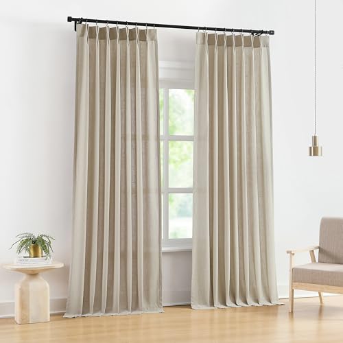"Vision Home Sand Pinch Pleated Semi Sheer Curtains Textured Linen Blended Light Filtering Window Curtains 90 inch for Living Room Bedroom Pinch Pleat Drapes with Hooks 2 Panels 40"" Wx90 L,Camel Beige"