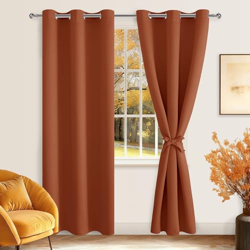 Hiasan Blackout Curtains for Bedroom, 38 x 84 Inches Long - Thermal Insulated & Energy Saving Window Curtains for Living Room Fall Home Decor, 2 Drape Panels Sewn with Tiebacks, Burnt Ochre