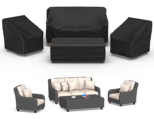 Mrrihand Patio Furniture Covers, 4 Piece Outdoor Furniture Cover Waterproof includ Ourdoor Sofa Cover, 2 Chair Covers, Coffee Table Cover with Windproof Buckle Strap and Adjustable Drawstring