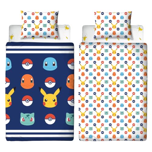 Officially Licensed Pokemon 3 Piece Bed Bundle Set, Badges Design, Single Duvet Cover, Pillowcase And Fitted Sheet, For Single Beds, Kids Gaming Bedroom