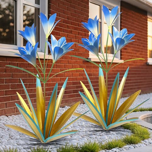 TOMBABY 32.28 Inch Metal Agave Plant Outdoor Decoration Lily Mexican Yard Art Garden Gift Home Decor Hand Painted Metal Agave Garden Yard Statue (2, Blue)