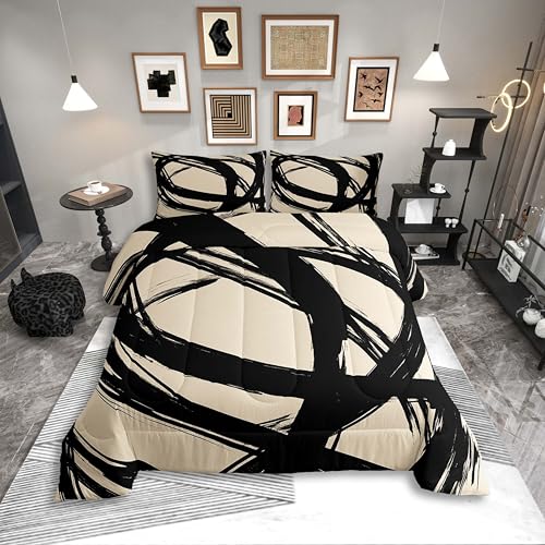 Black and Beige Striped Bedding Set Full Size for Adults Youth Teens,Contemporary Boho Modern Art Comforter Set,Graffiti Stripes Lines Quilt,Aesthetic Geometry Geometric Duvet Insert for Minimalists