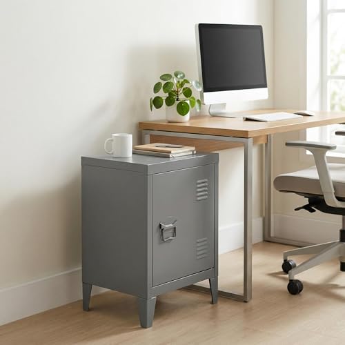 FurnitureR End Table Metal Storage Cabinet with Shelf, Grey, 95.5 x 40.5 x 30.5 cm, Industrial Style