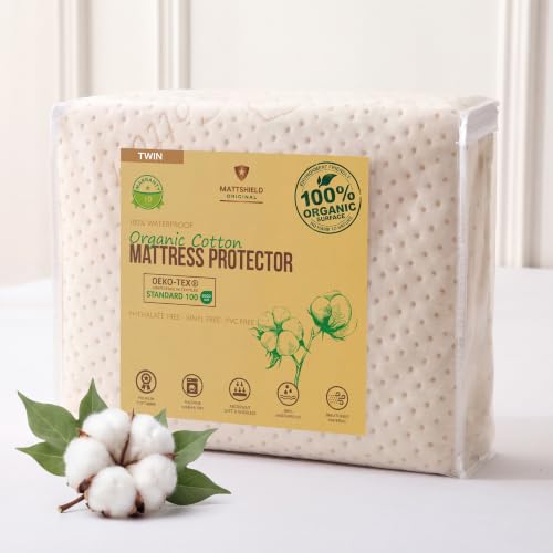 Luxury Waterproof Organic Mattress Protector Twin Size - Organic Cotton Breathable Mattress Pad Cover - Premium 380 GSM 3D Air Fabric - Deep Pocket - Jersey Cotton Skirt - Fitted Design