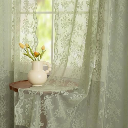 YJ YANJUN Sage Green Sheer Curtains 72 inches Long with Boho Floral Pattern for Bedroom Patio Door Sliding Door 6ft Long 2 Panels