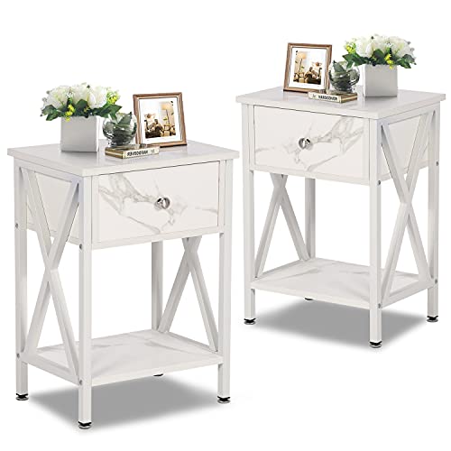 VECELO Bedside Tables Set of 2, X Shaped Cabinet with Drawer and Open Shelf Nightstand Storage Unit for Bedroom Small Side Table for Living Room/Small Space, 40cm x 30cm x 55cm