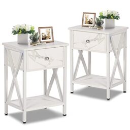 VECELO Bedside Tables Set of 2, X Shaped Cabinet with Drawer and Open Shelf Nightstand Storage Unit for Bedroom Small Side Table for Living Room/Small Space, 40cm x 30cm x 55cm