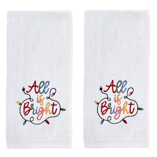 SKL Home Christmas All is Bright Hand Towel 2pc Set for Bath/Kitchen/Bar & Gift, Optic White