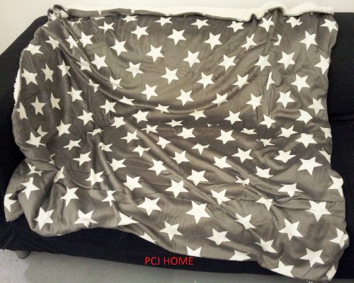 Rapport Stars Grey White Decorative Throw over Blanket Soft Fleece Sherpa New, Polyester, Full