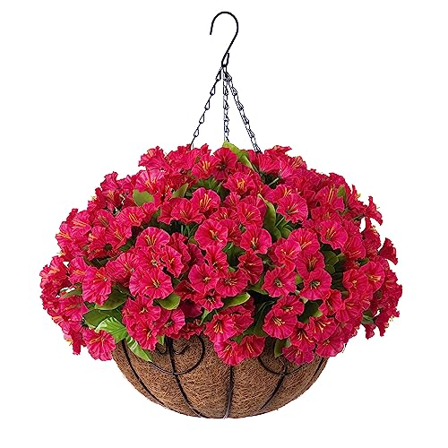 Ammyoo Artificial Hanging Flowers in Basket, Artificial Petunias Flower Arrangement,12 inch Coconut Lining Basket with Morning Glories Fake Plants for Patio Garden Porch Deck Decoration (Rose red)