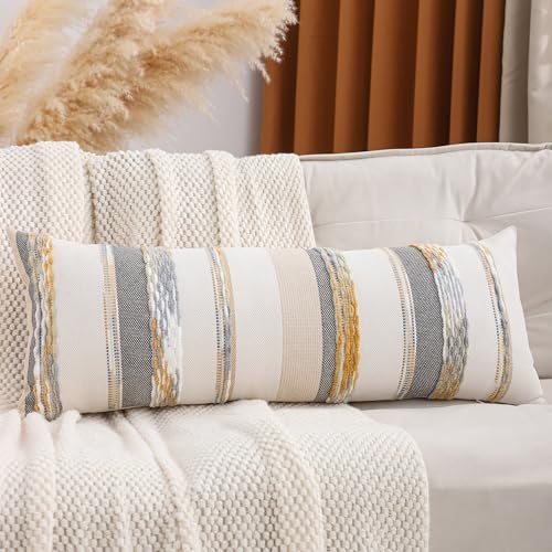 Tosleo Boho Lumbar Throw Pillow Cover 14x36 Long Body Lumbar Decorative Pillow Case Accent Chenille Striped Pillowcase Farmhouse Cushion Case Nuetral Textured Pillow Cover Yellow and Gray (1 Piece)