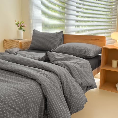 NSNLGSGC King Comforter Set, Dark Gray Plaid, 3 Pieces - Charcoal Grid Bed Comforter, 3 Pieces, 1 Comforter, 2 Pillowcases