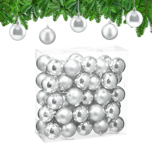 Relaxdays Christmas Baubles, Set of 50, Festive Tree Ornaments, D: 6 cm, Holiday Decorations, Matte & Shiny, Silver