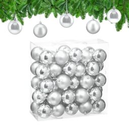 Relaxdays Christmas Baubles, Set of 50, Festive Tree Ornaments, D: 6 cm, Holiday Decorations, Matte & Shiny, Silver