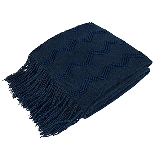 PAVILIA Navy Blue Knit Throw Blanket for Couch, Twin Bed, Soft Knitted Farmhouse Sofa Throw for Living Room, Lightweight Decorative Summer Blanket for Chair, Outdoor Textured Boho Blanket, 60x80