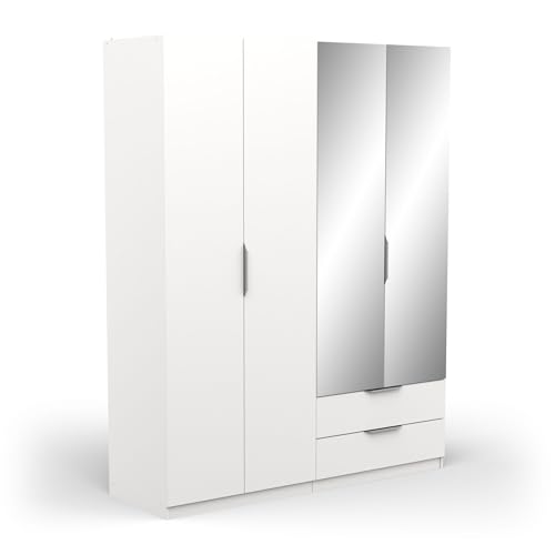 Demeyere 391371 Armadietto Guardaroba con specchi e Armadio Moderno a 4 Ante e 5 Ripiani a 2 cassetti – Colore Bianco Opaco – 157,3 x 51,1 x 203 cm, Legno ingegnerizzato, Grigio