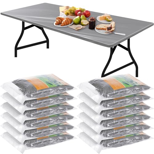 Boao 12 Pcs Plastic Table Cloths Disposable for Parties Picnic Table Covers with Elastic Fitted Elastic Desk Cover Rectangle Waterproof for Indoor, Outdoor, Picnic(8 Ft, 96 x 30 Inch,Gray)