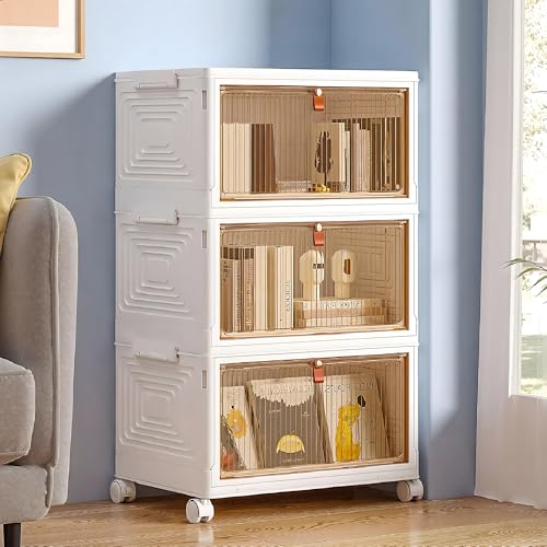 VECELO Storage Boxes with Lid, 3-Tier Plastic Stackable Storage Boxes with Magnetic Doors & Wheels, Foldable Storage Containers, 23L/Tier Closet Organizers and Storage for Living Room, Office
