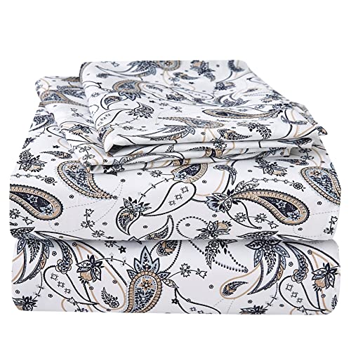 JSD Grey Paisley Printed King Size Sheet Set Cal King, 4 Piece Soft Retro Pattern Microfiber Sheets Extra Deep Pocket
