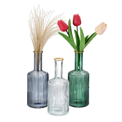 Relaxdays Glass Vases, Set of 3, Bottle-Shaped, for Flower, HWD: 20.5 x 8 x 8 cm, Grooved, Decorative, Multi-coloured