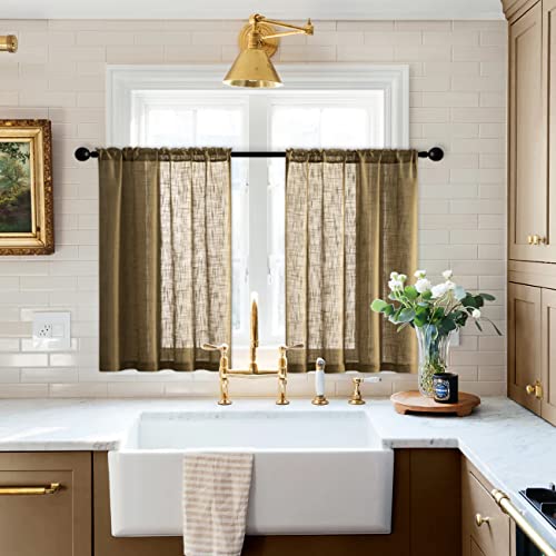 XTMYI Brown Kitchen Curtains for Windows Sets of 2 Panels Coffee Burlap Color Short Rustic Country Farmhouse Curtains for Living Room Small Bathroom Blinds Shades 30“