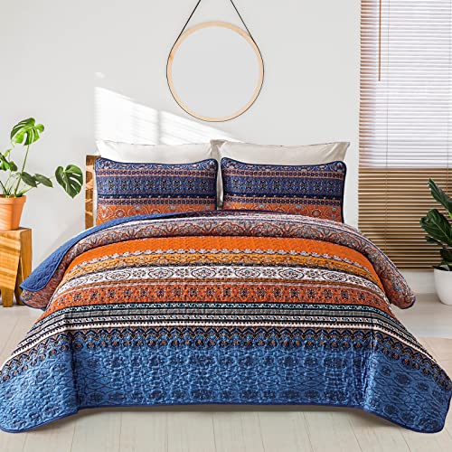"WONGS BEDDING Boho Fall Quilt King Size, Blue and Orange Bohemian King Quilt, Lightweight Microfiber Bed Decor Bedspread for All Season 103""x90""(3 Pieces)"