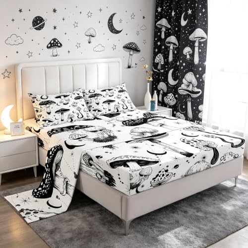 Wild Mushroom Bed Sheet Set Queen Size,Abstract Sun Moon Starry Fitted Sheet Gothic Plants Bedding Set for Kids Boys Teens Room Decor,Black White Sketch Style Bed Cover with 2 Pillowcases
