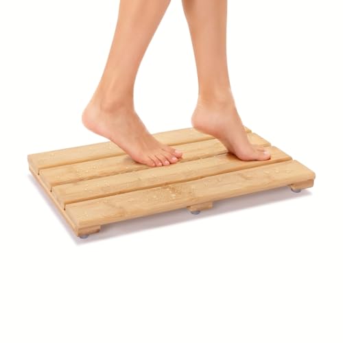 PELYN Bamboo Shower Bath Mat for Bathroom, Small Non-Slip Bamboo Wood Bathroom Mats for Inside or Outside (15.8 x 10.2 Inches)