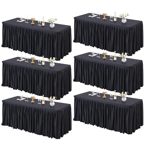 PARTISKY 6 Pack Black Tablecloths for Rectangle Tables 6ft, Wrinkle Resistant Black Table Cover Fitted Stretch Table Cloth with Pleated Ruffle Skirts for Party Banquet Dining Birthday Wedding