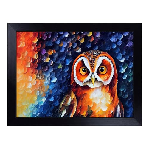 Lap Tray with Bean Bag Cushion, Owl Painting Abstract - Handmade in the UK, Raised Wooden Edge, Padded Cushion, Heat-Resistant Wipe-Clean Surface, for Meals, Laptops and Crafts