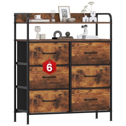 GoaHi Chest of Drawers, Dresser for Bedroom with 6 Fabric Drawers, Tall Storage Organizer Unit with 2 Layers Shelf for Bedrooms,Living Rooms, Sturdy Storage Dresser, Rustic Brown