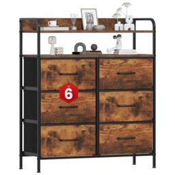 GoaHi Chest of Drawers, Dresser for Bedroom with 6 Fabric Drawers, Tall Storage Organizer Unit with 2 Layers Shelf for Bedrooms,Living Rooms, Sturdy Storage Dresser, Rustic Brown