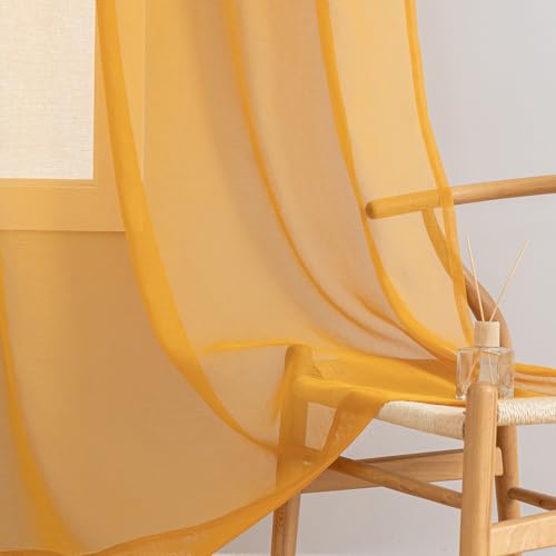 "MYSTIC-HOME Black Sheer Curtains 95 inch Length 2 panels, Rod Pocket Semi Sheer Privacy Curtains, Window Treatments Soft Voile Drapes Bedroom French Doors Doorway Divider, Yellow, 52"" Wx95 L"