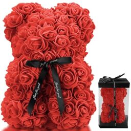 TANNESS 25cm Rose Bear with Transparent Gift Box & Black Ribbon, Rose Petals Teddy Bear Presents for Women, Artificial Flowers Rose Bear for Valentines (Red)