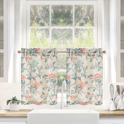 DriftAway Kitchen Curtain Floral Tier Linen Short Botanical Print Cafe Curtains 36 Inch Length for Living Room Bathroom Ada Farmhouse Rustic Drapes Rod Pocket 2 Panels Multi