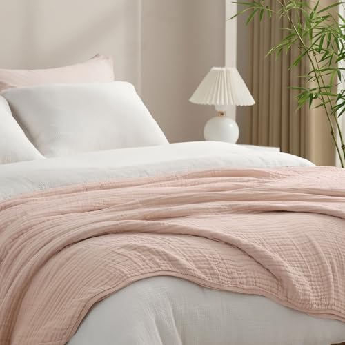 "PHF Cooling Muslin Blanket Twin Size 60""x80"", 6-Layer Lightweight Gauze Blanket Made from 35% Rayon Derived from Bamboo & 65% Cotton, Breathable & Ultra Soft Cozy, Aesthetic Home Decor, Cameo Rose"