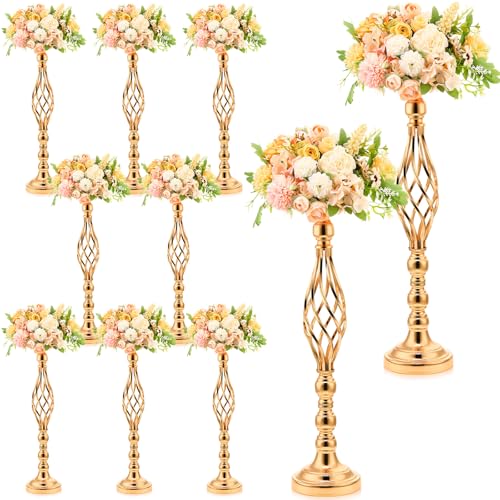 Rtteri 10 Pcs Large Wedding Centerpiece Table Decorations Tall Metal Flower Arrangement Stand Elegant Flower Vase Candle Holder for Wedding Reception Table Party Event Hotel Home Decor (Gold)