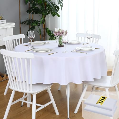 FOLINS&HOME 2 Pack White Round Tablecloth - 60 Inch Waterproof 210 GSM Wrinkle Free Polyester Circle Table Cloth, Spillproof Washable Wipeable Table Cover for Party, Wedding, Dining (2 Pcs)