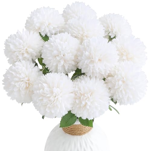 Floroom 12pcs Cream Faux Silk Mums Artificial Flowers Bulk Fake Chrysanthemums with Stems for DIY White Wedding Bouquets Table Centerpieces Floral Arrangements Fillers Home Decorations